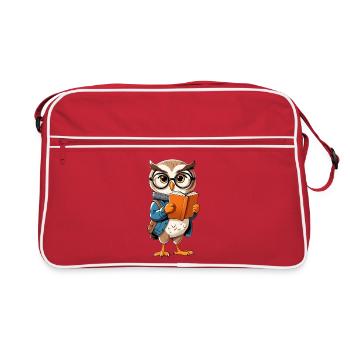 Un hibou apprenant avec des lunettes lit un livre - Sac Retro - rouge/blanc - Devant