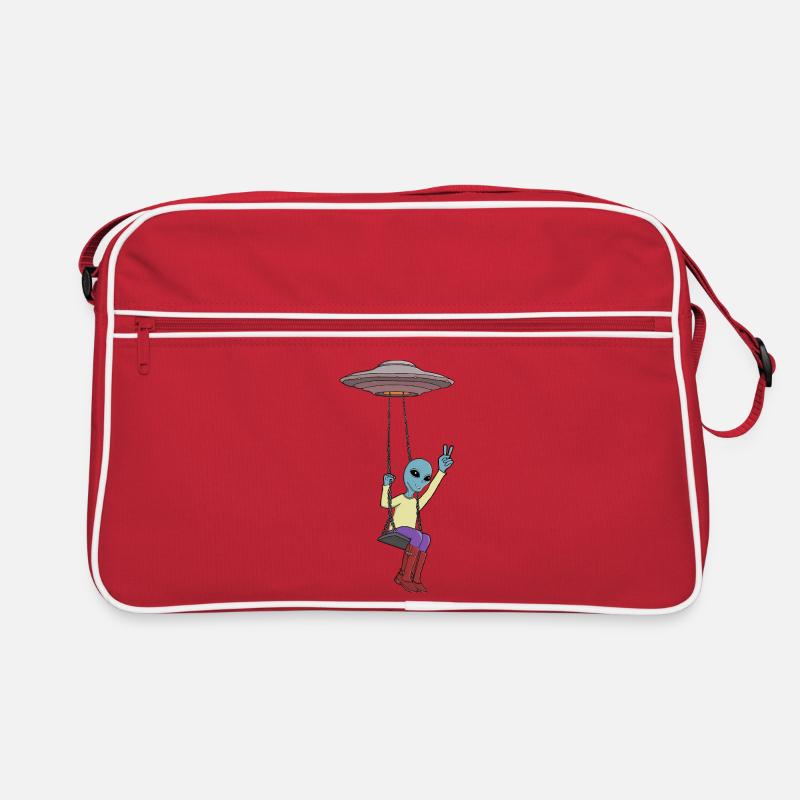 Außerirdischer schwingt mit UFO und Peace-Zeichen Retro Tasche