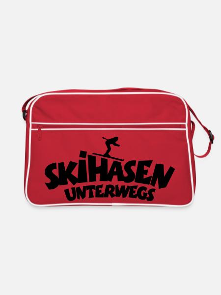 Skihasen Unterwegs - Wintersport Skifahrerinnen - Retro Tasche - Rot/Weiß - Vorne