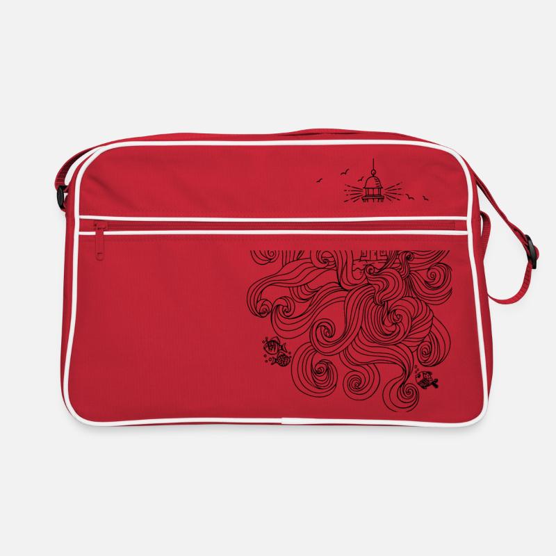 Leuchtturm mit wilden Wellen - Retro Tasche - Rot/Weiß