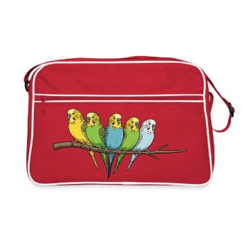 Colorful budgie family on branch - Retro Bag - red/white - Front