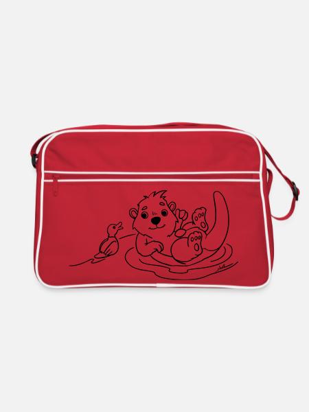 Otter mit Ente Ausmalmotiv - Retro Tasche - Rot/Weiß