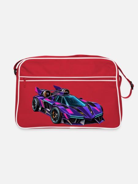 Lila Neon-Supersportwagen - Retro Tasche - Rot/Weiß