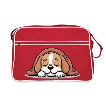 Schlafender Beagle unter Decke - Retro Tasche - Rot/Weiß - Vorne