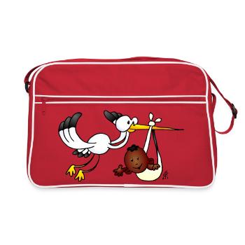 Illustration fantaisiste de cigogne et de bébé oiseau - Sac Retro - rouge/blanc - Devant