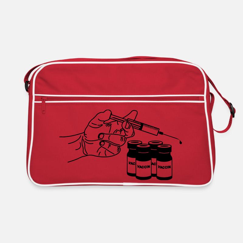 Hand mit Impfspritze und Gläsern Retro Tasche