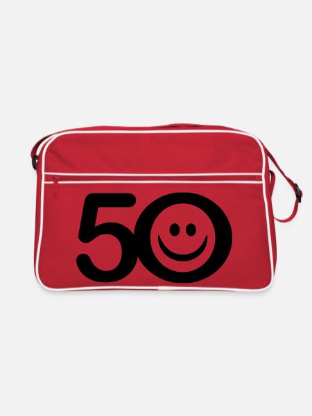 Zum Fünfzigsten: 50 mit Lächel-Gesicht - Retro Tasche - Rot/Weiß - Vorne