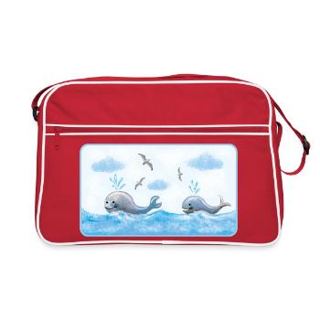 Baleines dans la mer bleue - Aquarelles peintes à la main - Sac Retro - rouge/blanc - Devant