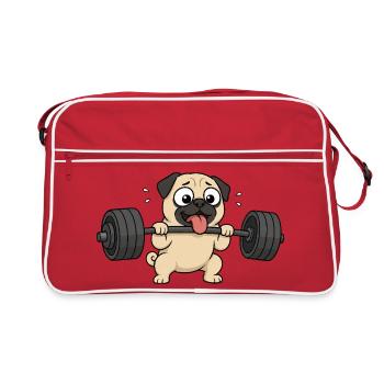 Carlin mignon dessin animé Fitness Bodybuilder Haltérophile - Sac Retro - rouge/blanc - Devant