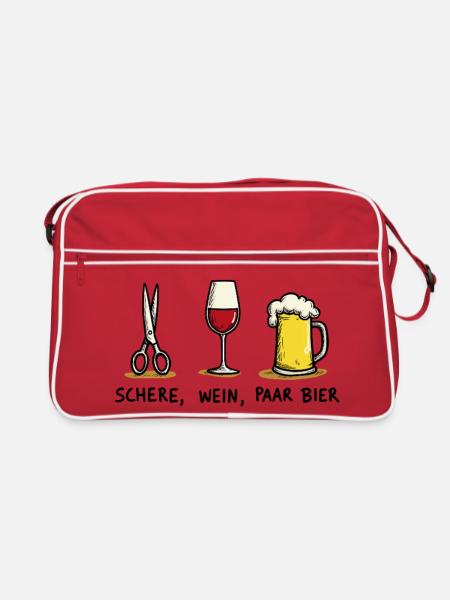 Schere Wein Paar Bier Lustiges Party Wortspiel - Retro Tasche - Rot/Weiß - Vorne