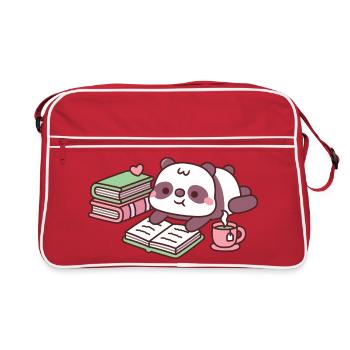 Süßer Pandabär entspannt mit Büchern und Tee - Retro Tasche - Rot/Weiß - Vorne