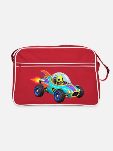 Alien Raketenrennwagen Cartoon - Retro Tasche - Rot/Weiß