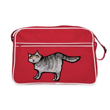 Schnurrbart-Aquarellkatze - Retro Tasche - Rot/Weiß - Vorne
