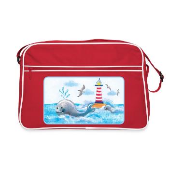 La baleine drôle au phare - Peint à la main - Sac Retro - rouge/blanc - Devant