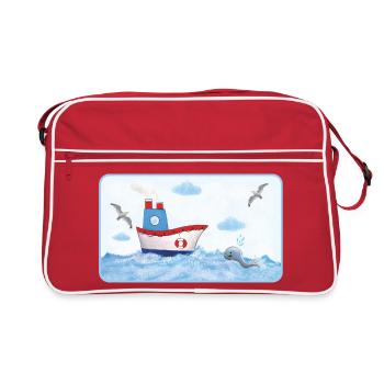 Kleines Küstenboot am Meer mit Wal - Retro Tasche - Rot/Weiß - Vorne