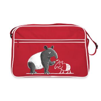 Tapir Tiermotiv lustig Strichzeichnung Cartoon - Retro Tasche - Rot/Weiß - Vorne