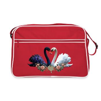 Ewige Bindung, schwarz-weiße Schwäne in Liebe - Retro Tasche - Rot/Weiß - Vorne