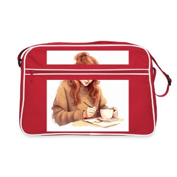 Coffee Serenade: Captivating Drawing of a Woman - Retro Bag - red/white - Front
