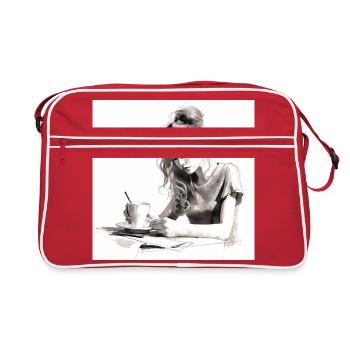 Serenity Brew: Captivating Watercolor of a Woman - Retro Bag - red/white - Front