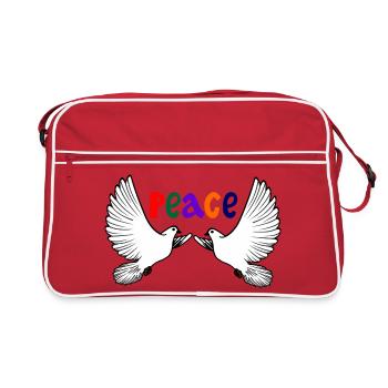 Deux colombes blanches de la paix avec le texte coloré PAIX - Sac Retro - rouge/blanc - Devant