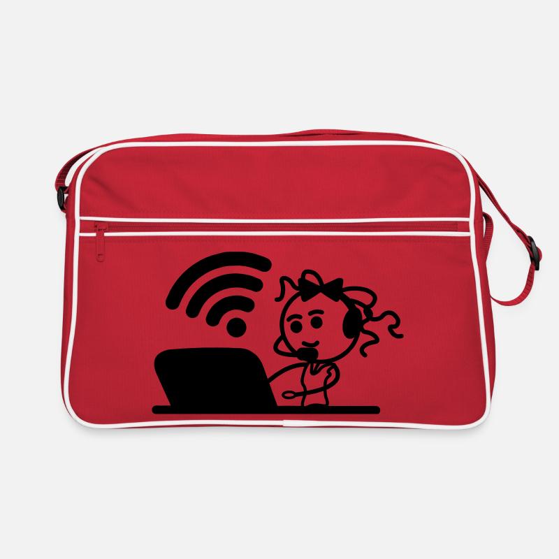 Glückliches Mädchen oder Frau auf Laptop-WLAN Retro Tasche
