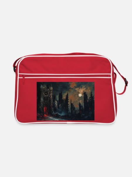 Poster Illustration Medieval Landscape in Ruins - Retro Bag - red/white - Front