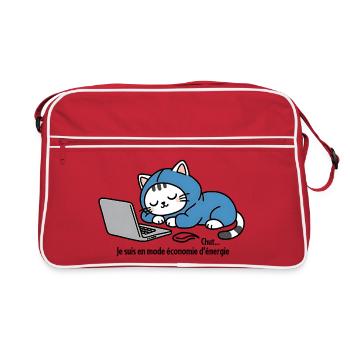 Katze im blauen Kapuzenpullover auf Laptop - Retro Tasche - Rot/Weiß - Vorne