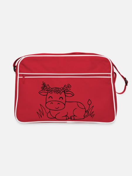 Süße Kuh Blumenkranz Boho Outline - Retro Tasche - Rot/Weiß - Vorne