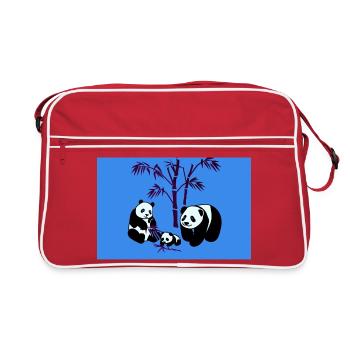 Panda Family in Bamboo Forest - Blue - Retro Bag - red/white - Front
