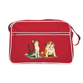 Bulldogge und Katze beim Yoga – Tierisches Duo - Retro Tasche - Rot/Weiß - Vorne