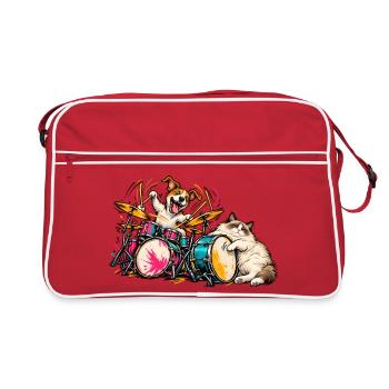 Ragdoll und Jack Russell spielen Schlagzeug – Musi - Retro Tasche - Rot/Weiß - Vorne