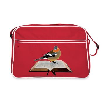 Chaffinch on book - Retro Bag - red/white - Front