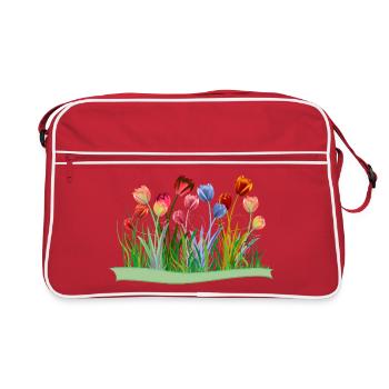 Tulipes colorées et imaginatives sur la prairie printanière - Sac Retro - rouge/blanc - Devant