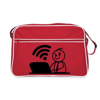 Happy young man on laptop wifi sends a message - Retro Bag - red/white - Front