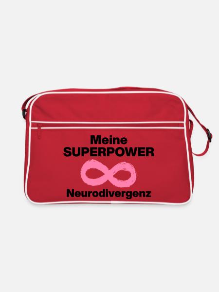 MEINE SUPERPOWER: NEURODIVERGENZ! ADHS ND POWER - Retro Tasche - Rot/Weiß - Vorne
