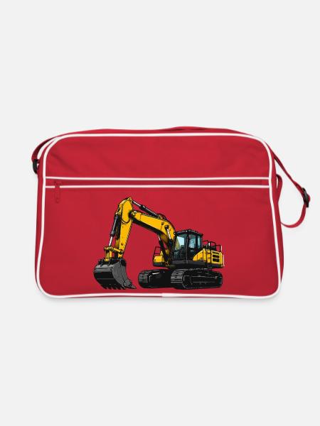 Gelbe Baumaschine Bagger - Retro Tasche - Rot/Weiß