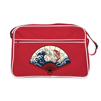 Japanischer Fächer Wellen Koi Fisch Vektor Shirt - Retro Tasche - Rot/Weiß - Vorne