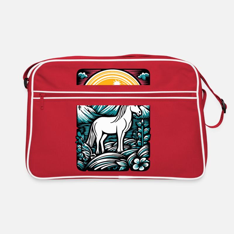 Kunst-Cartoon eines Einhorn-Pferdes in der Natur Retro Tasche