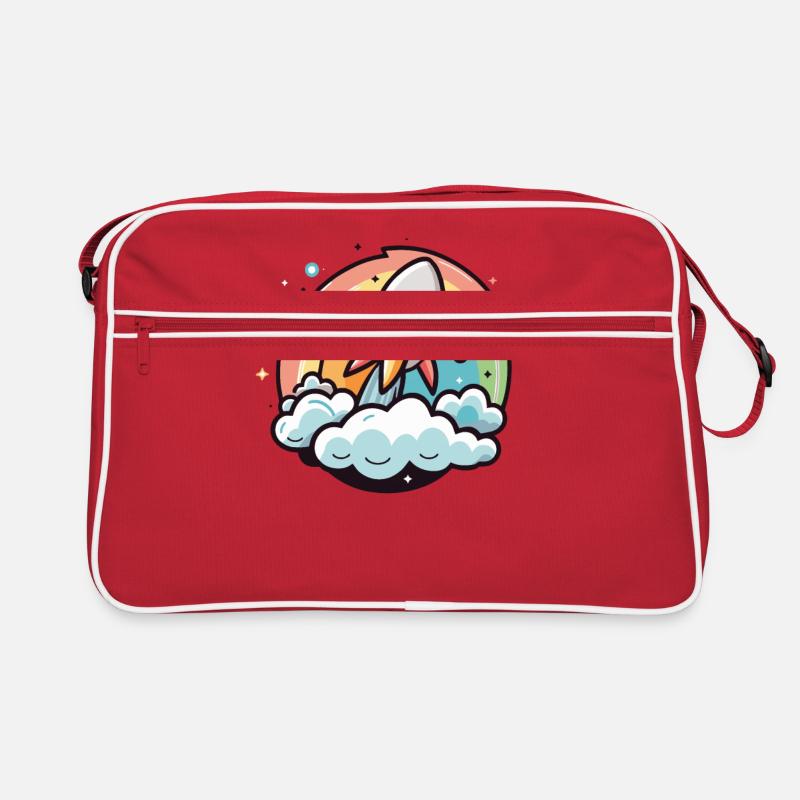 Fröhliche Rakete mit Regenbogen Retro Tasche