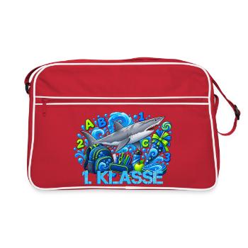 Schulstart 1. Klasse mit Hai Grundschule - Retro Tasche - Rot/Weiß - Vorne