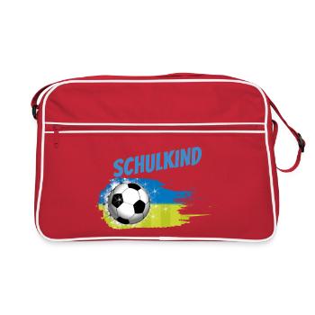 Schulkind 2026 Fußball Blau-Grün Splash - Retro Tasche - Rot/Weiß - Vorne