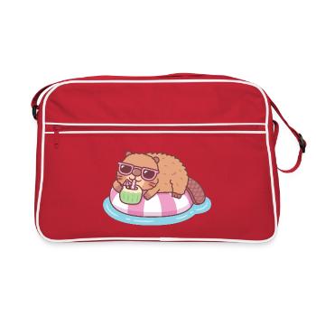 Cute Beaver Chilling On Pool Float With Coconut - Retro Bag - red/white - Front