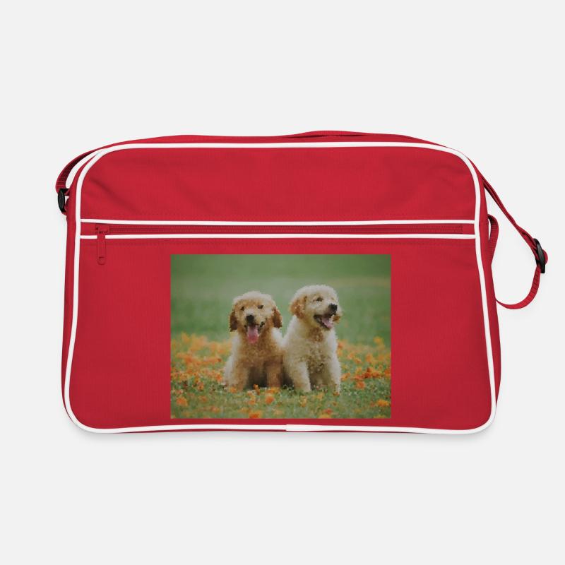 2 chiots Labrador Retriever dans le champ de fleurs - Sac Retro - rouge/blanc