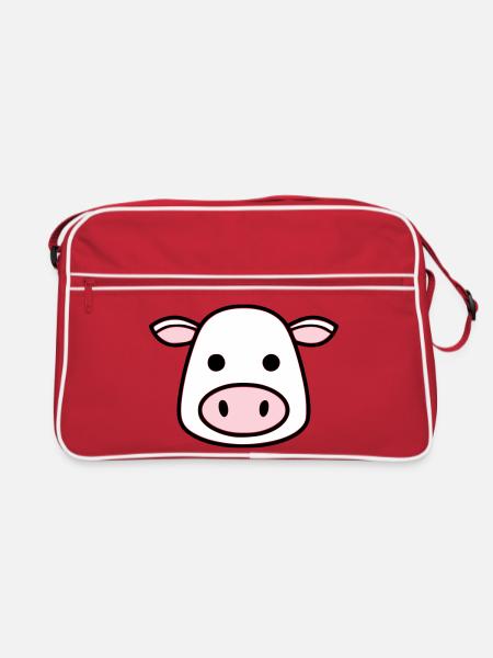 Süßer Kuh Kopf Gesicht Comic Vektor - Retro Tasche - Rot/Weiß - Vorne