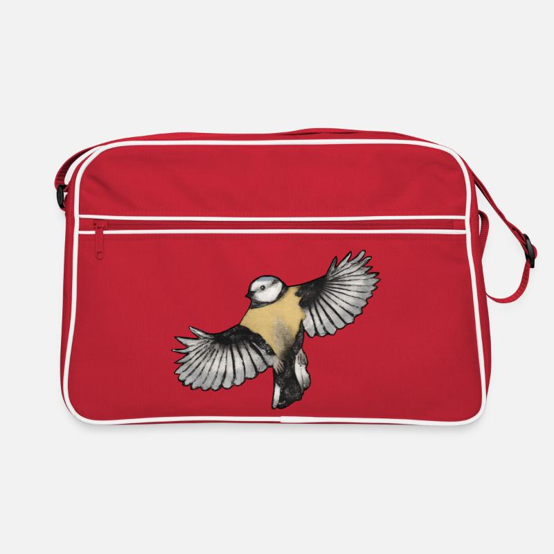 Bunter Vogel im Flug - Druckvorlage handgeschnitzt - Retro Tasche - Rot/Weiß