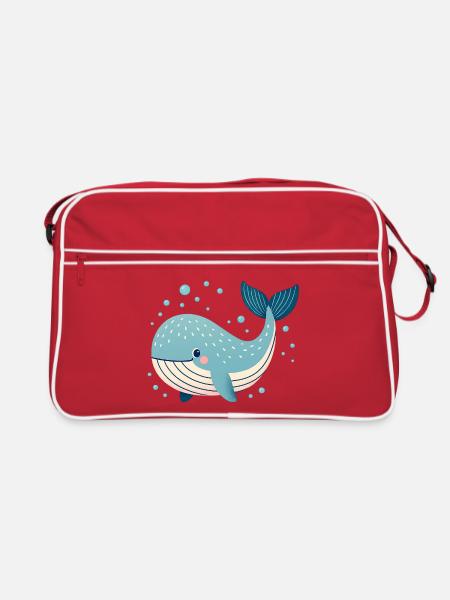 Blue Whale with Bubbles - Retro Bag - red/white - Front