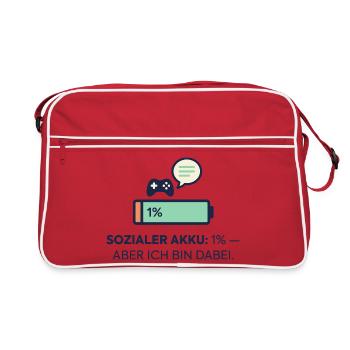 Sozialer Akku 1% – Dabei! - Retro Tasche - Rot/Weiß - Vorne