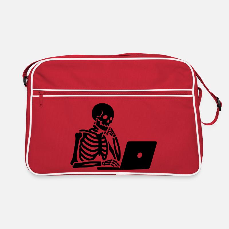 Skelett am Laptop Computer Retro Tasche