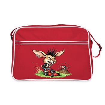 Punk Hase mit Rasenmäher gegen Maulwurf - Retro Tasche - Rot/Weiß - Vorne