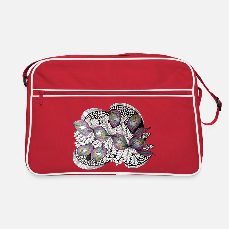 Pfauenfeder Doodle Muster - Retro Tasche - Rot/Weiß
